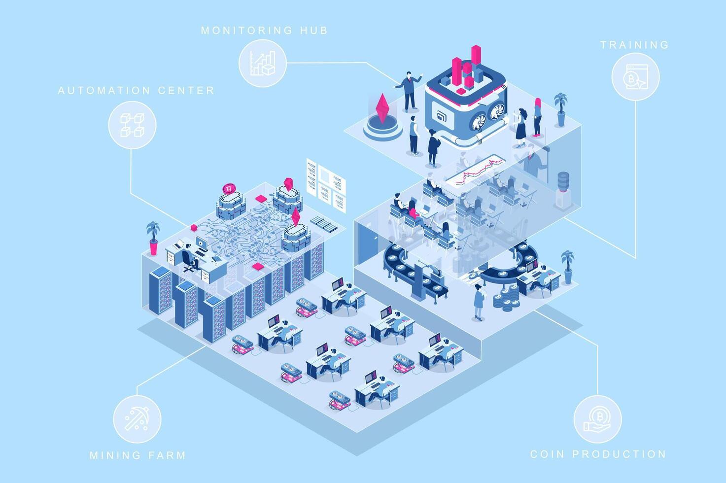 Cryptocurrency mining 3d isometric concept for web design. People in isometry rooms working in mining farm, automation center, monitoring hub, coin production, crypto training. illustration. vector