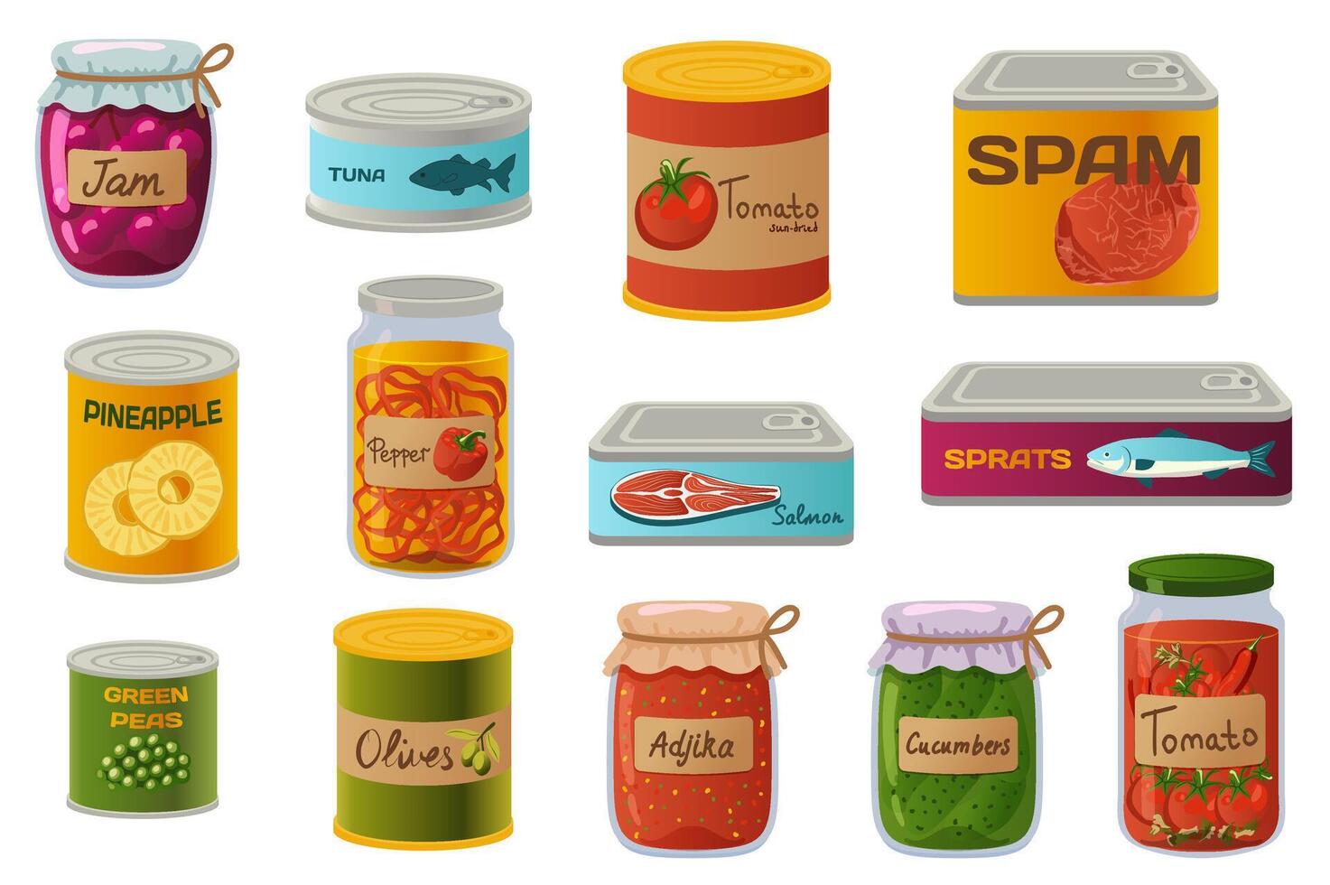 Cans preserved products set in flat graphic design. Collection isolated elements of glass and aluminum packing with jam, tuna, tomato, pineapple, salmon, green peas, olive, other. illustration. vector