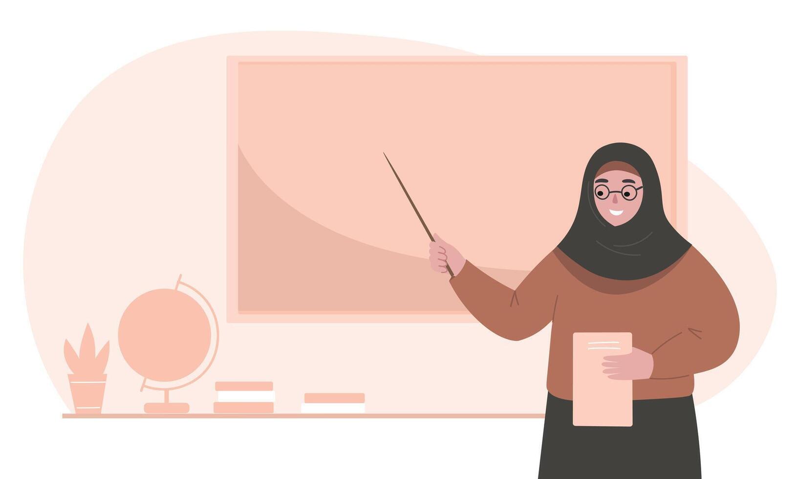 Female teacher in hijab with a pointer on the background of a blackboard explains a lesson. Muslim woman teaches at school. flat graphics. vector