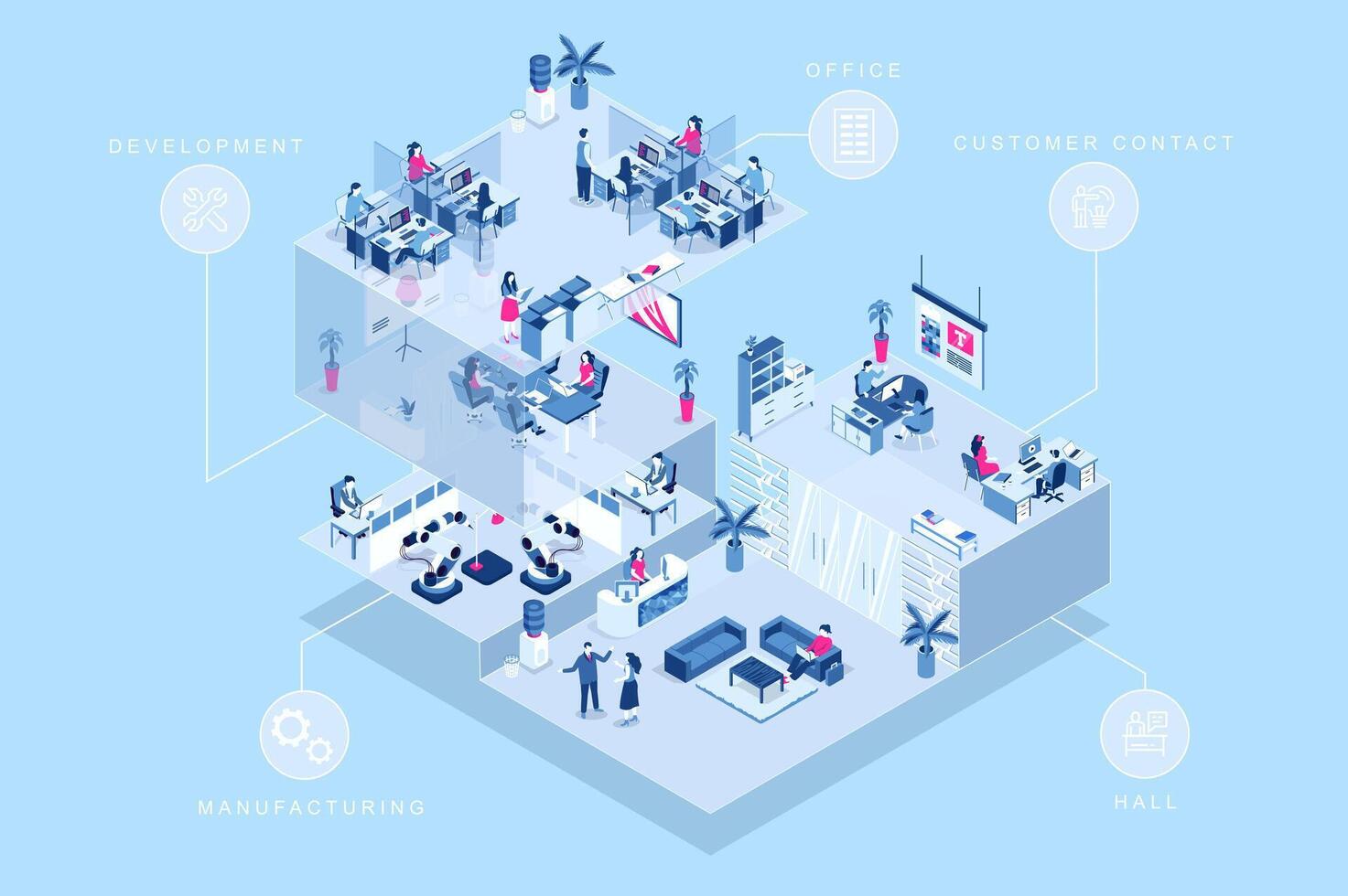 Creative agency 3d isometric concept for web design. People in isometry rooms working in office, development department, customer contact area, manufacturing, communicate at hall. illustration. vector