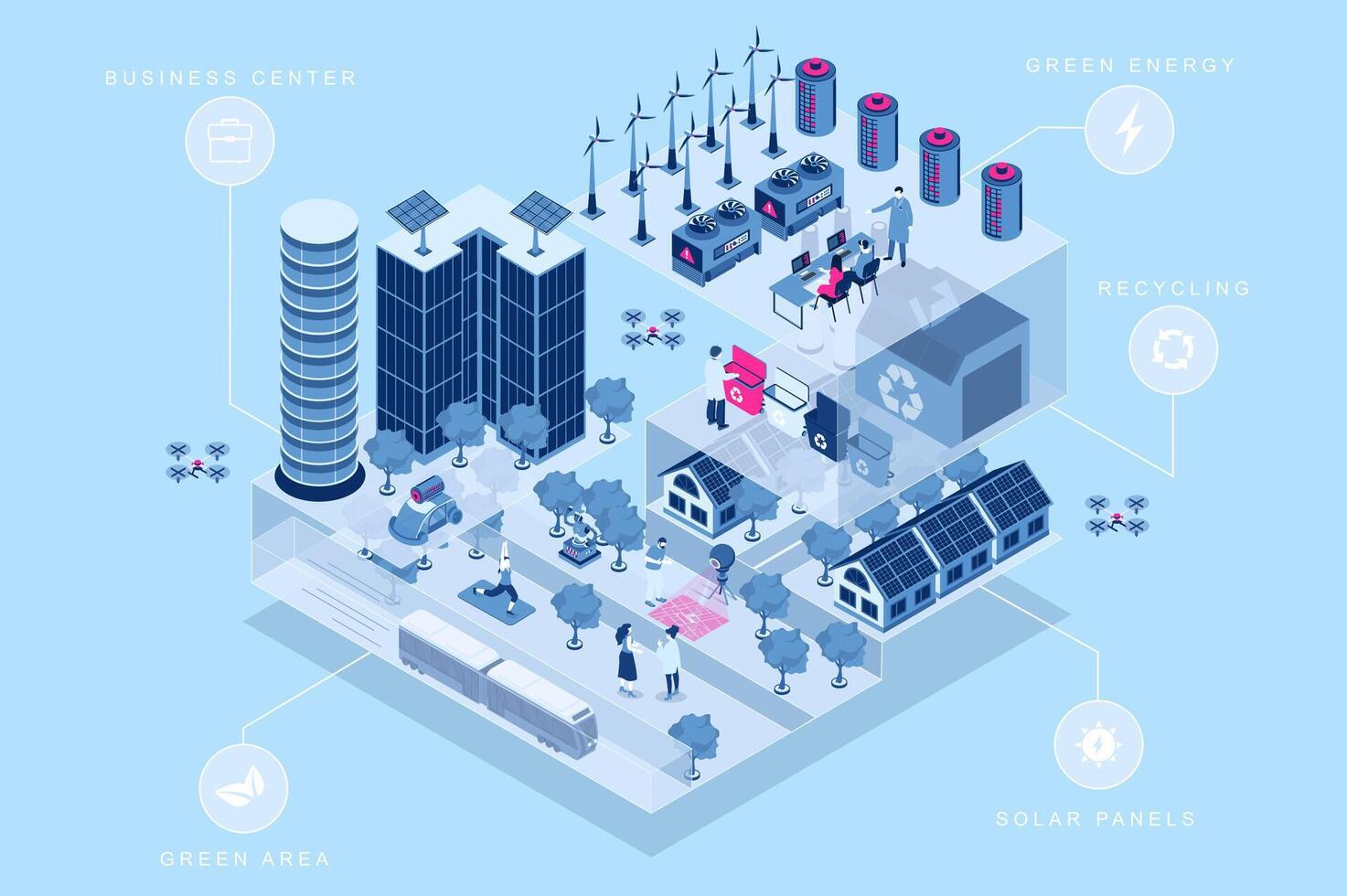 Smart city 3d isometric concept for web design. People in isometry rooms living in residential zone with solar panels and green area, using eco energy, work in business center. illustration. vector