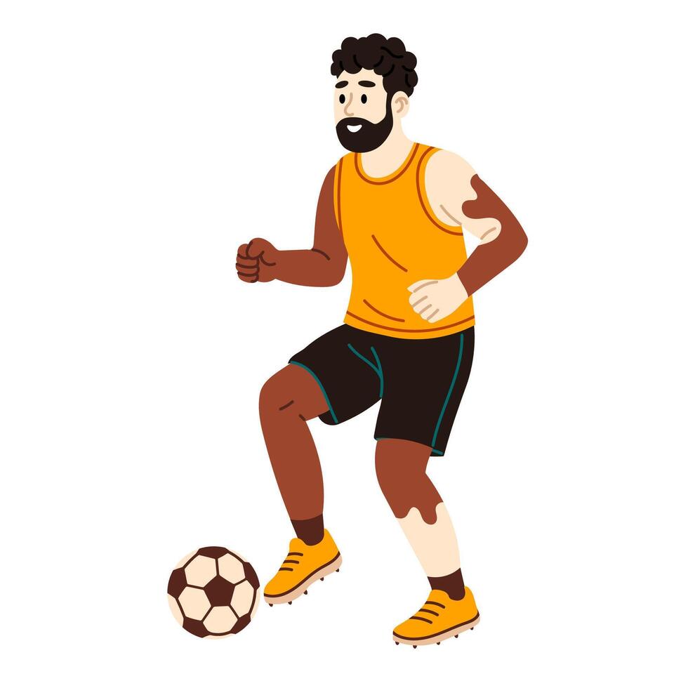 Male athlete with vitiligo doing football practice Concept of agility coordination and sports vector