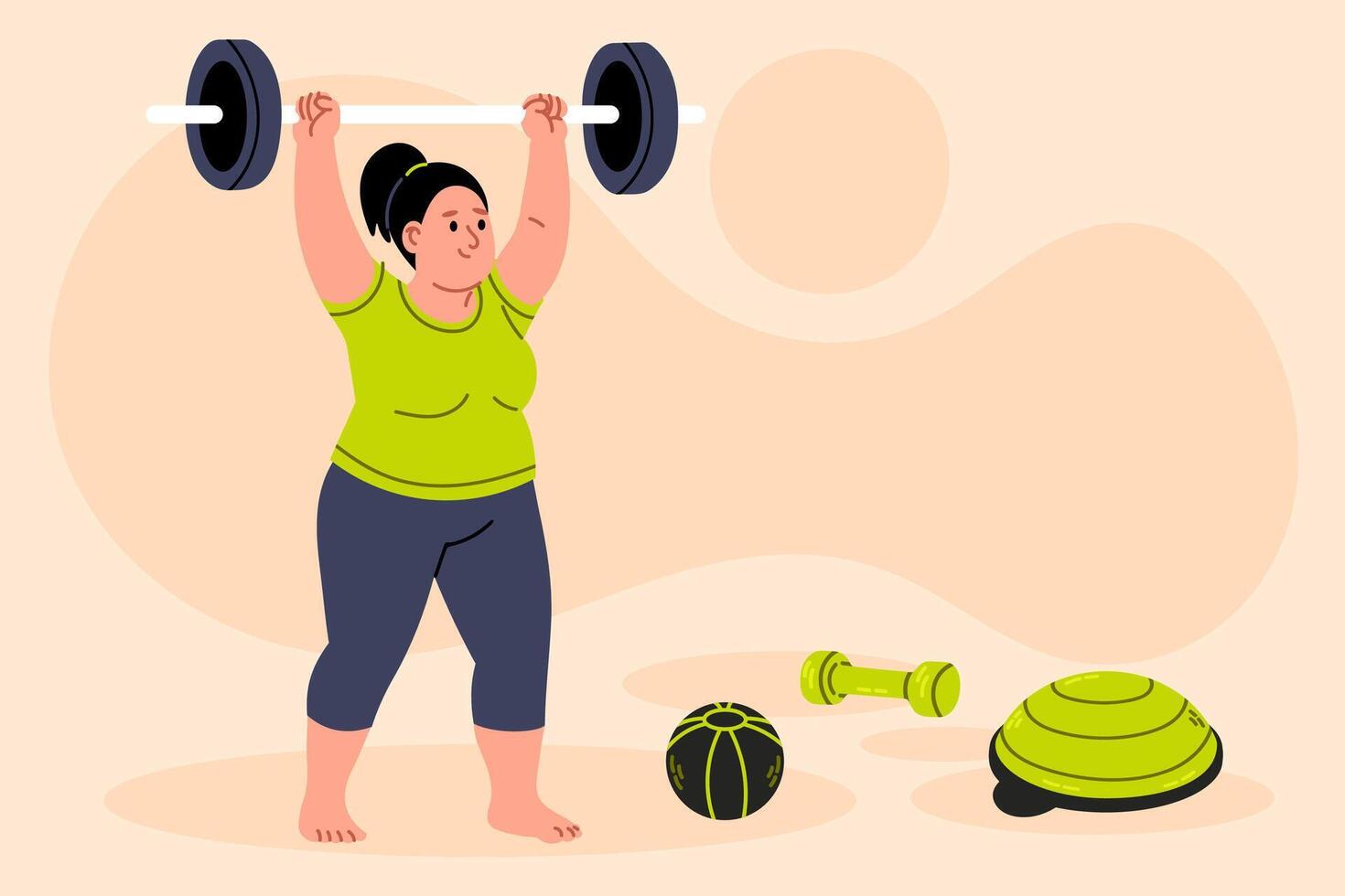 Overweight woman lifting dumbbells during home workout. Concept of strength, body positivity, and fitness. vector