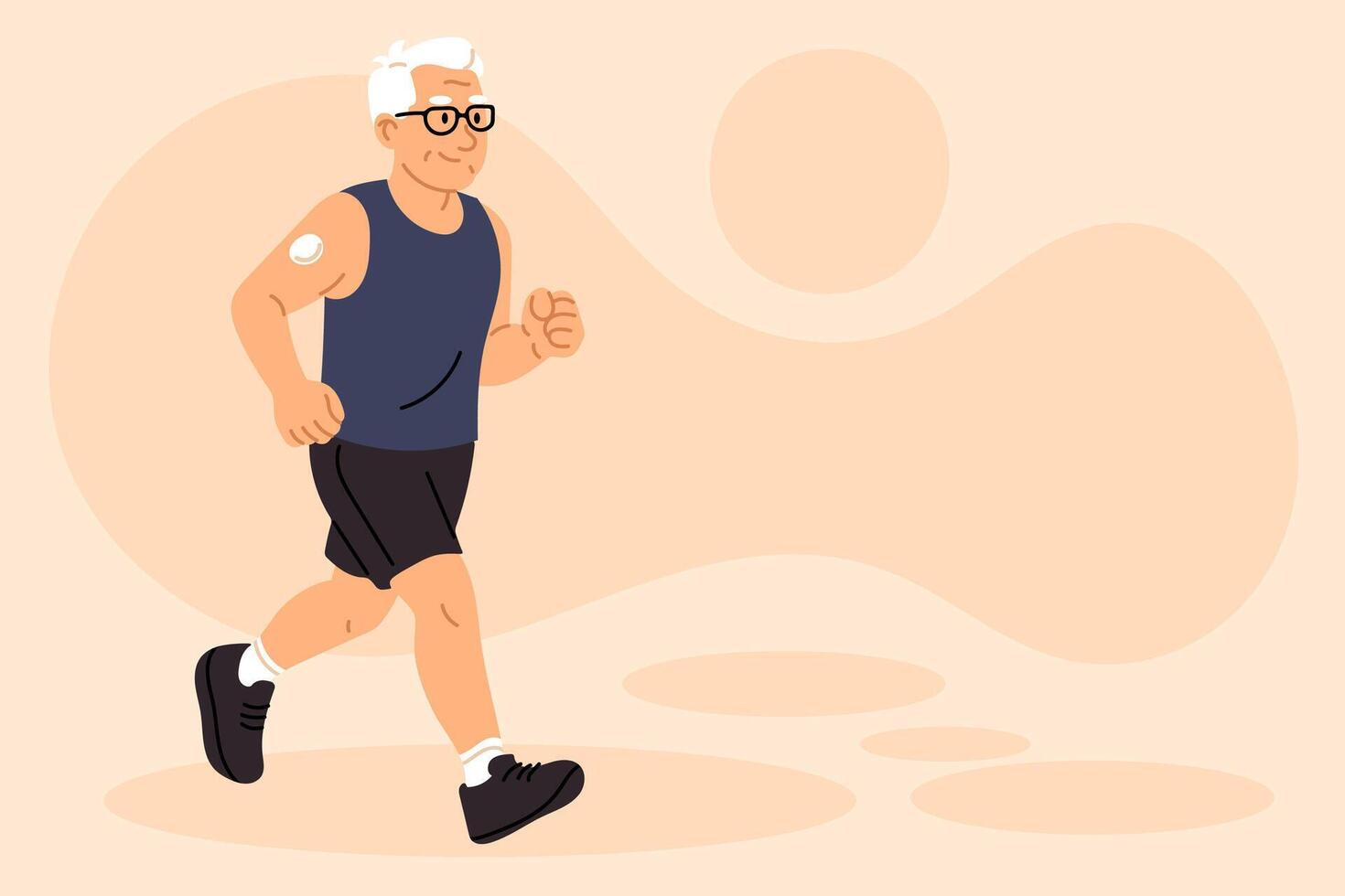 Older man running in dark sportswear on beige background vector