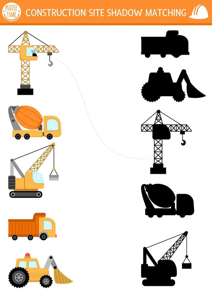 Construction site shadow matching activity with special transport, vehicles. Building works puzzle with lifting crane, truck, mixer. Find correct silhouette printable worksheet or game for kids vector