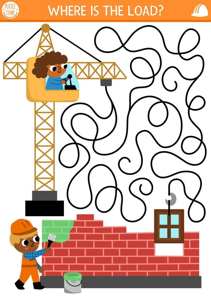 Construction site maze for kids with industrial concept, lifting crane putting down window into house, builder painting brick wall. Building works preschool printable activity, labyrinth game, puzzle vector
