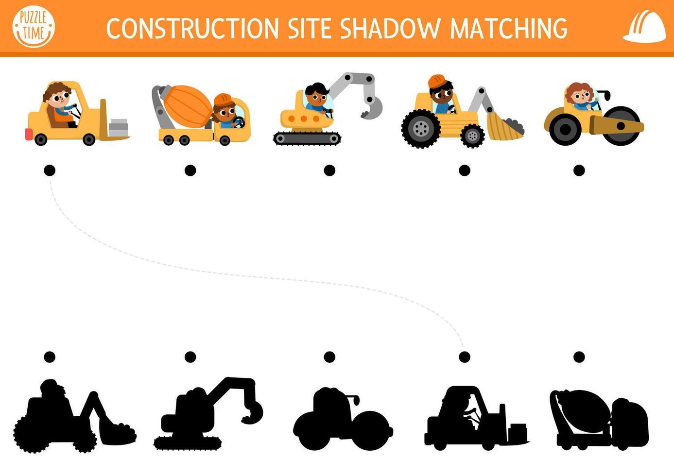 Construction site shadow matching activity with special transport, vehicles. Building works puzzle with concrete mixer, excavator, bulldozer. Find correct silhouette printable worksheet or game vector