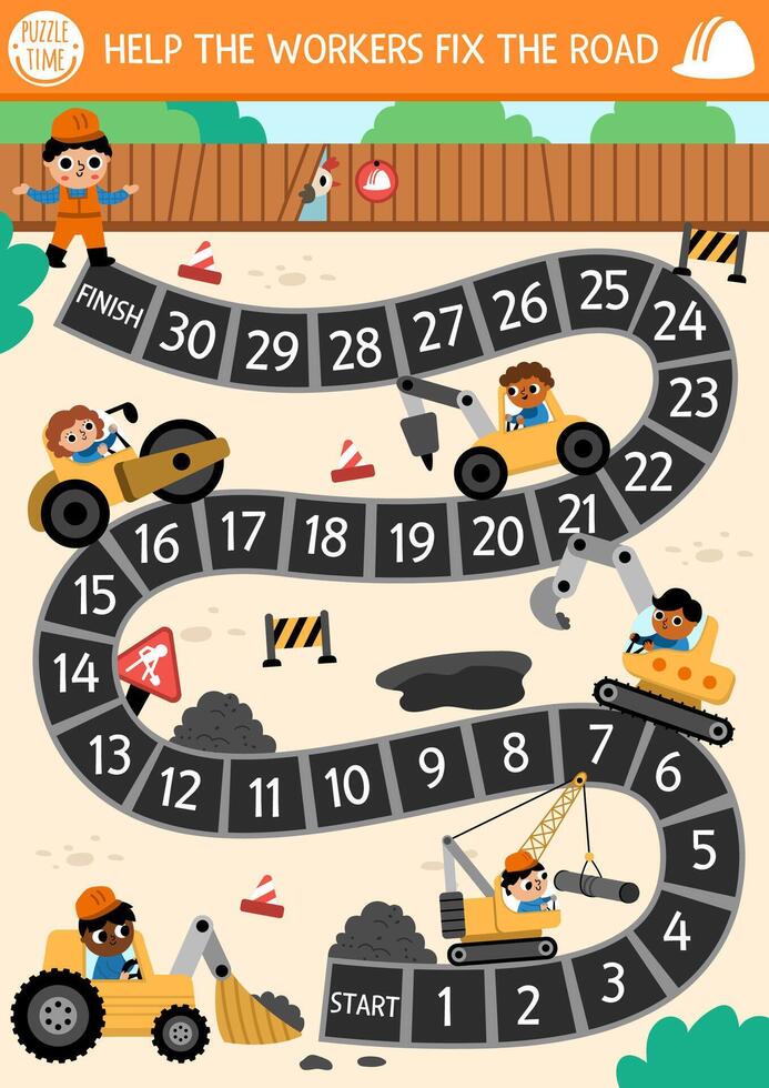 Road works dice board game for children with cute kid drivers, transport, bulldozer, tractor, roller, crawler crane. Construction site boardgame. Track repair service printable activity for boys vector