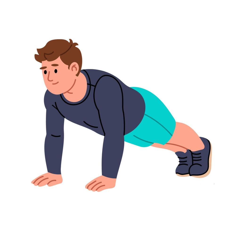 Man in plank position. Concept of core training, strength, and home workout. vector