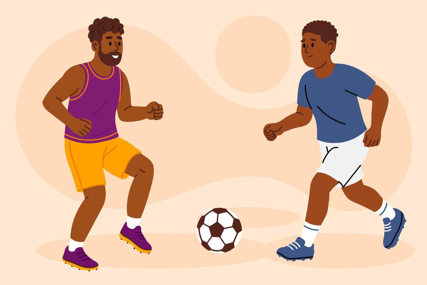 Two athletic men playing football and running with soccer ball on beige background vector