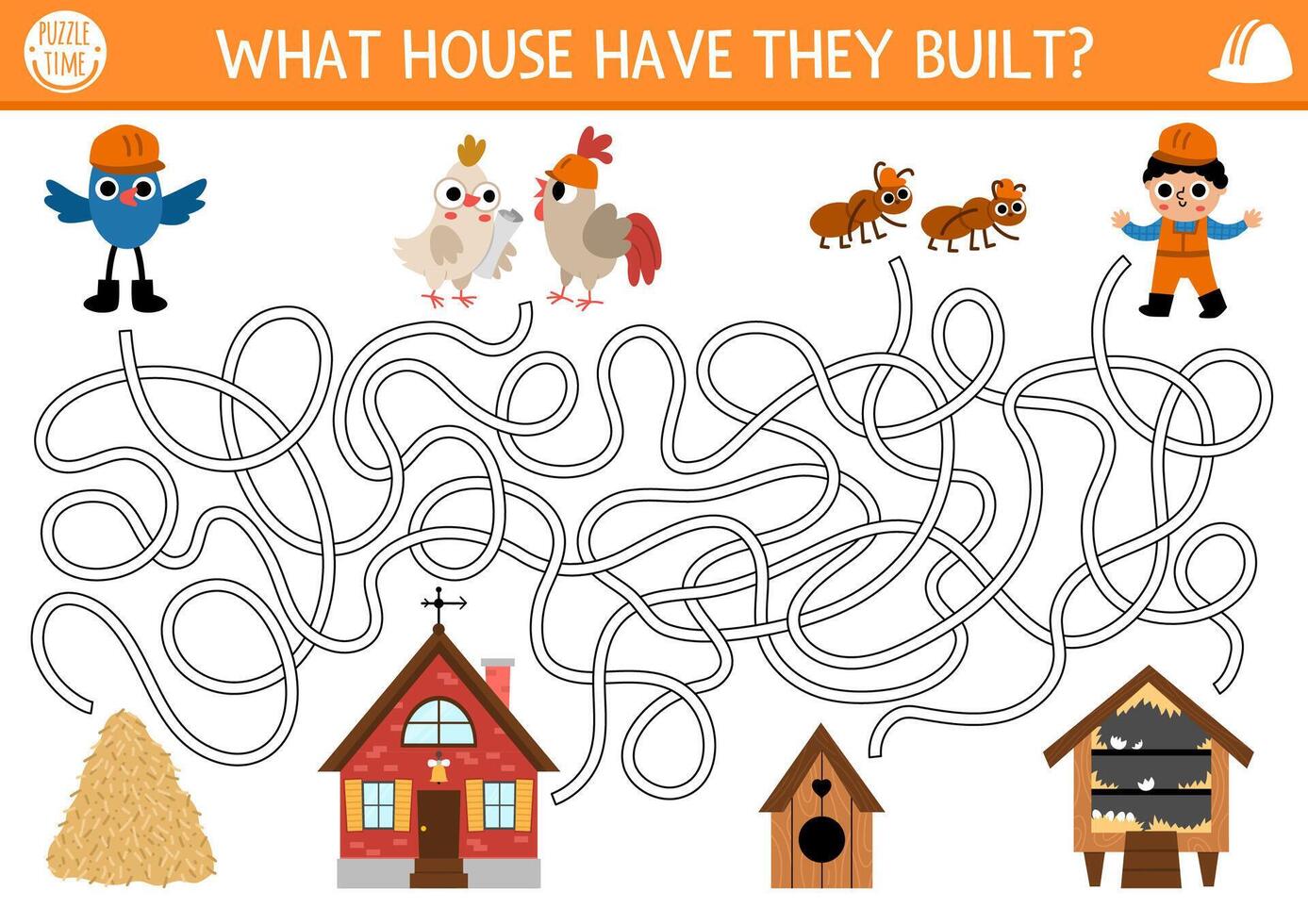 Construction site maze for kids with animals and builder, houses they built. Building works preschool printable activity, labyrinth game, puzzle with worker, birds, homes made of different material vector