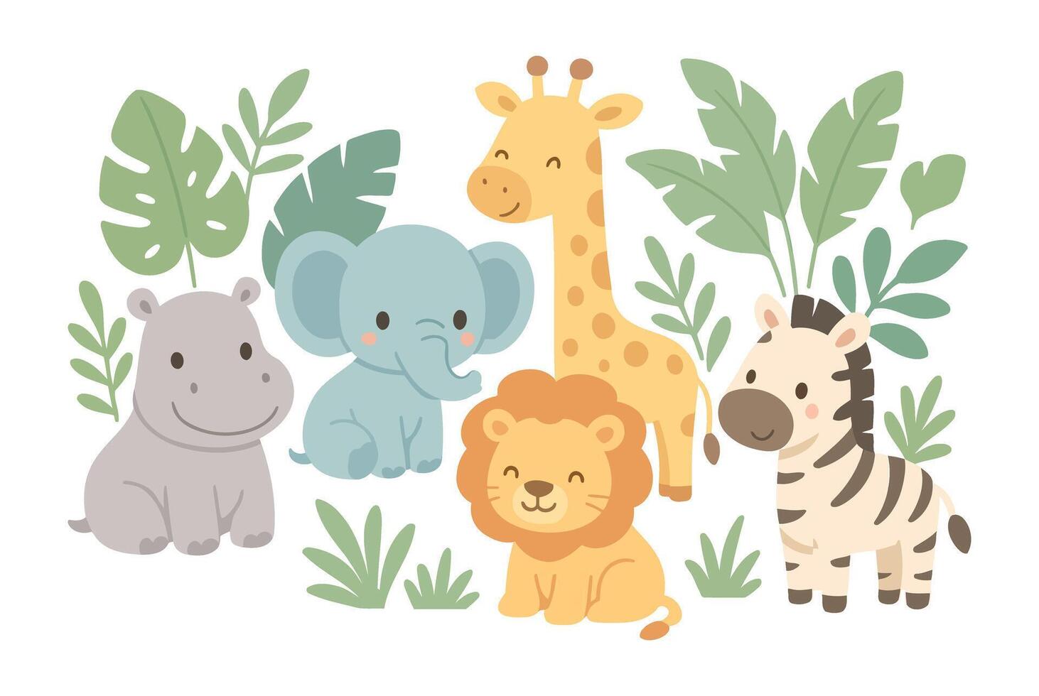 Adorable Jungle Animal Group Illustration with Hippo Elephant Lion Giraffe and Zebra vector