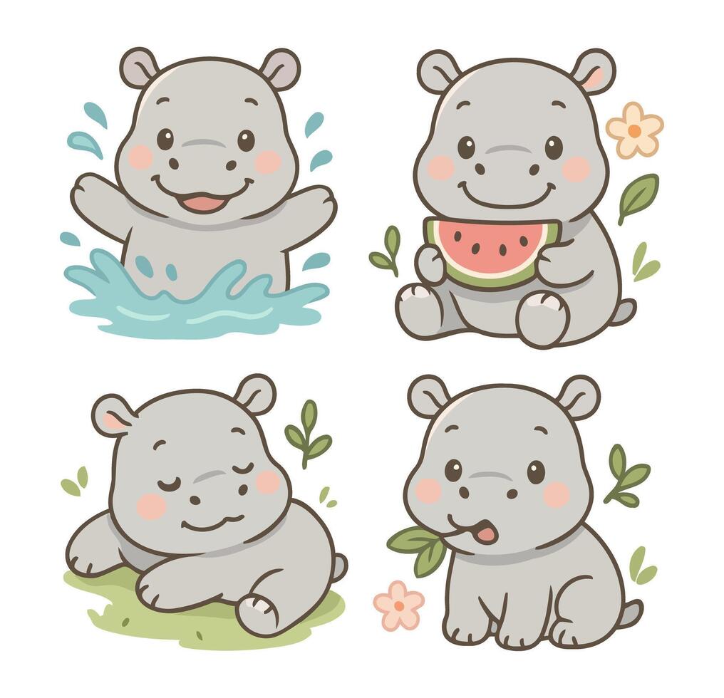 Adorable Cartoon Hippo Set in Various Poses with Watermelon Splash and Nature Elements vector