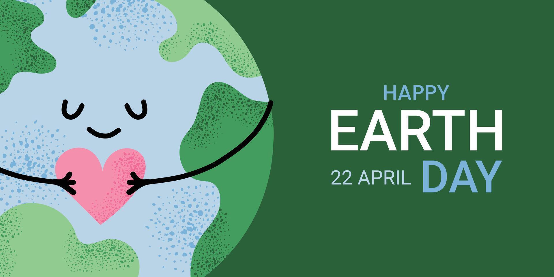 Happy Earth Day banner with green background. Cute cartoon Earth hugging heart. April 22 environmental awareness concept in flat style. Eco friendly holiday design with bold text . vector