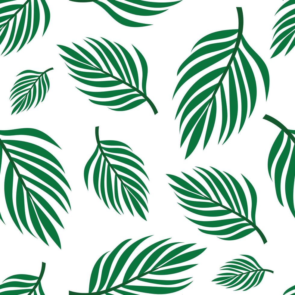 Seamless pattern with palm leaves in green on white background. Tropical botanical texture for summer fabric, wrapping paper, wallpaper or web design. Flat minimal . vector