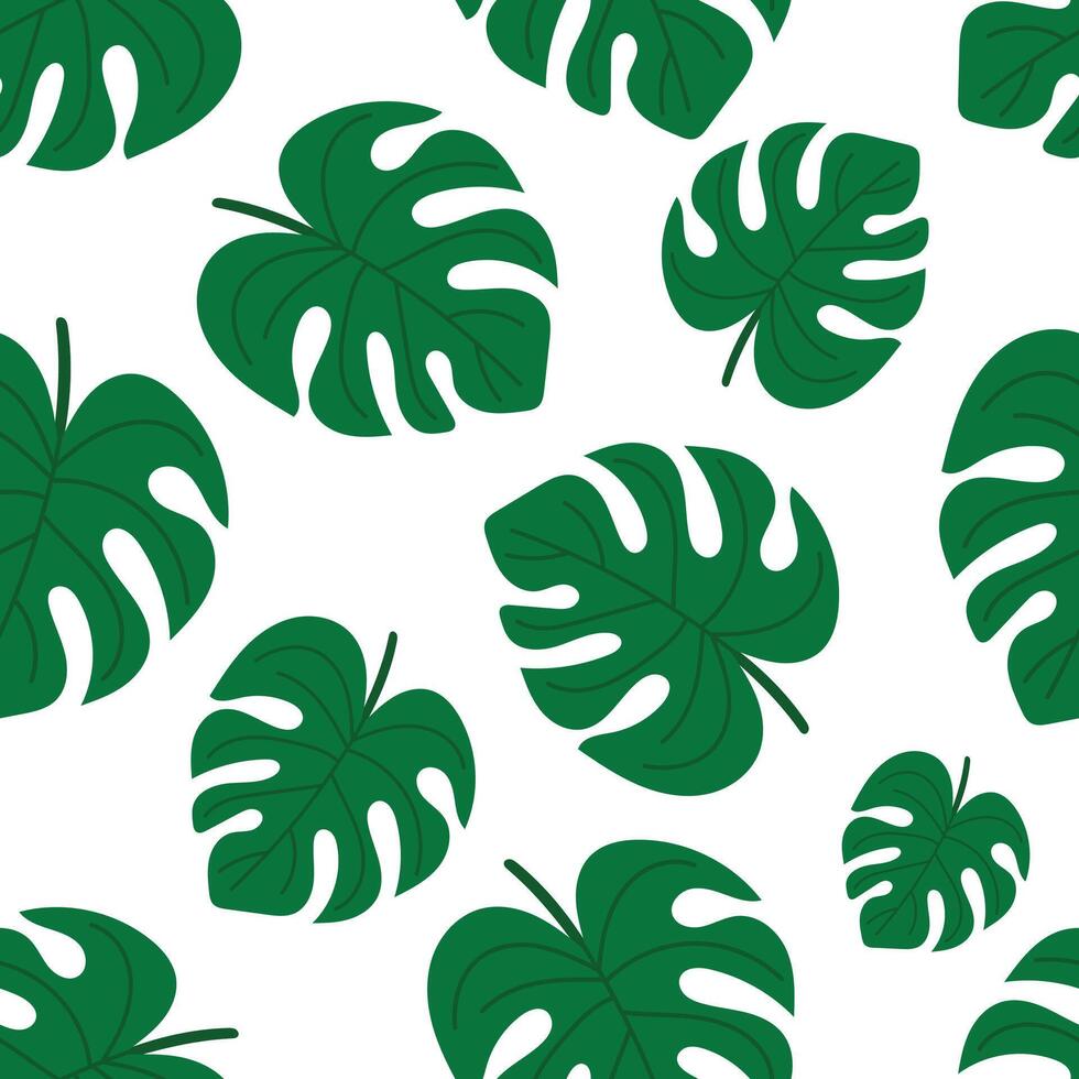 Seamless tropical pattern with green monstera leaves on white background. Repeating botanical texture. Minimal flat design for summer decor, wrapping, fabric or wallpaper. vector
