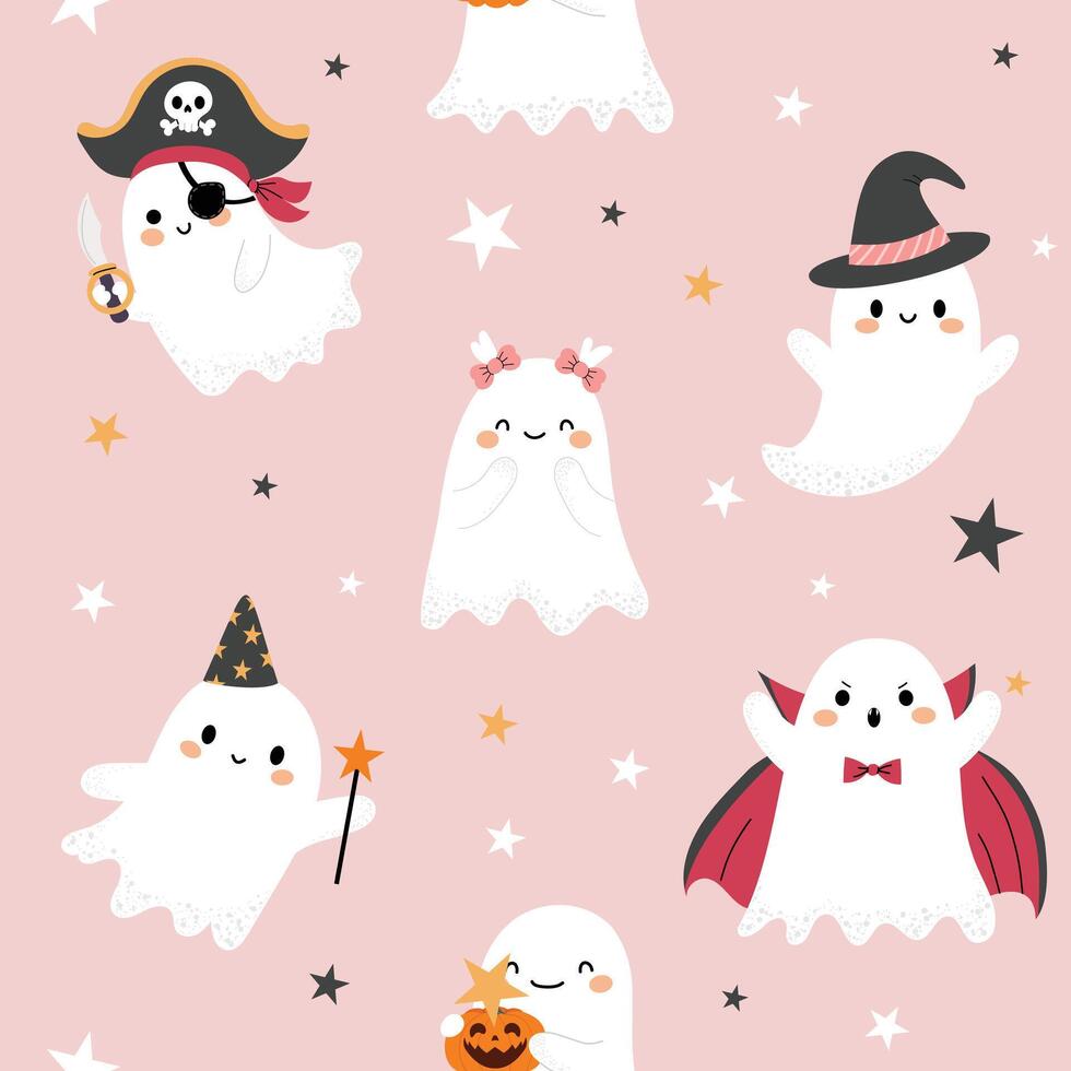 Seamless Halloween pattern with cute little ghosts in various costumes. Festive design with smiling characters on a pink background. Flat cartoon style, perfect for kids wrapping, textile, wallpaper. vector