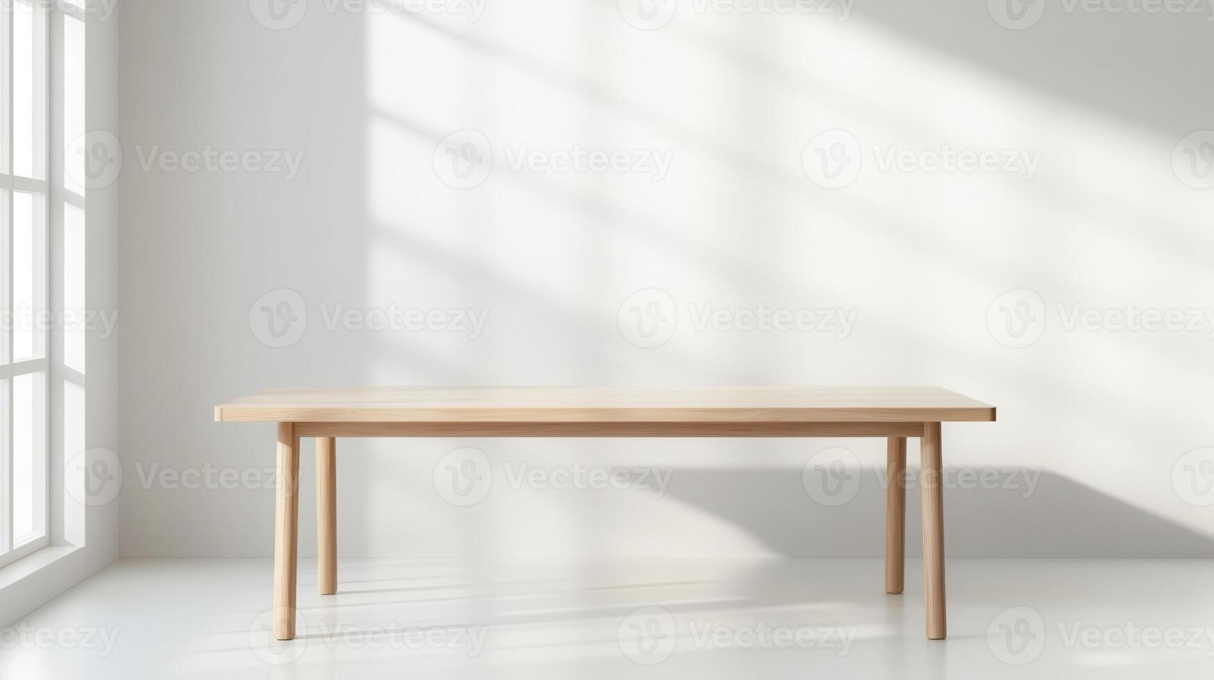 Empty white table standing in creating room with window light minimalist shadows on white wall, casting serene atmosphere photo
