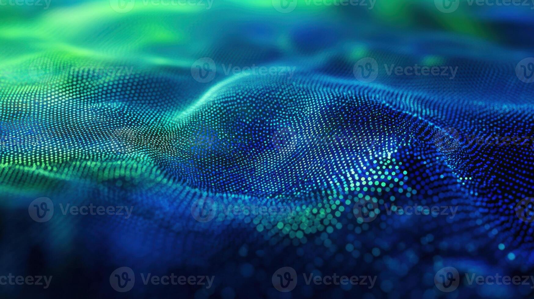 Computer generated image featuring a dynamic surface of blue and green moving particles gently 3d and waving in an elegant, modern design background photo