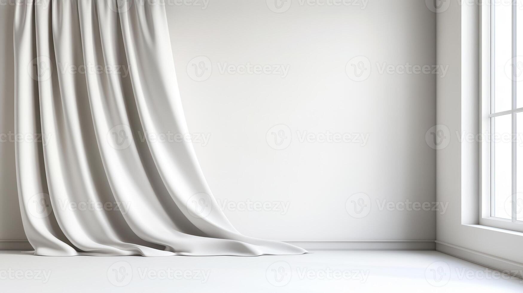 Sunlight elegant, through filters flowing white curtains background, creating a serene and minimalist atmosphere photo
