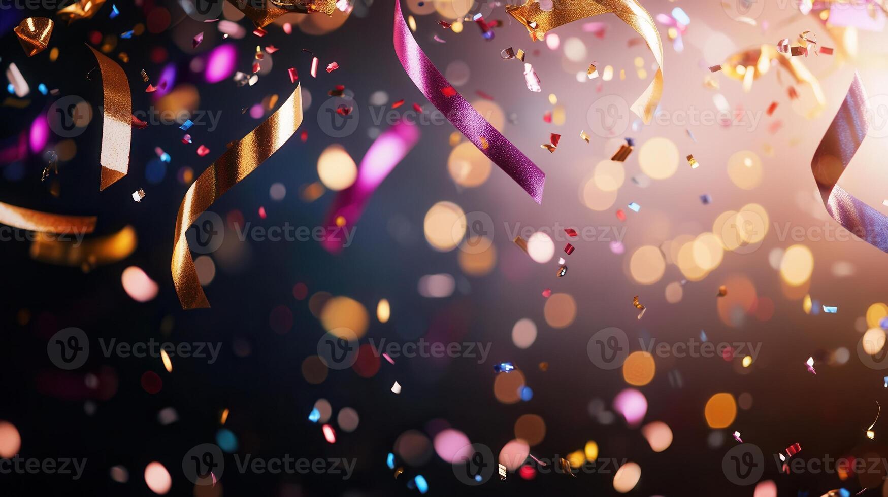 Sparkling golden backdrop, raining down, ribbons swirling against blurred festive moment celebrating joyful confetti photo