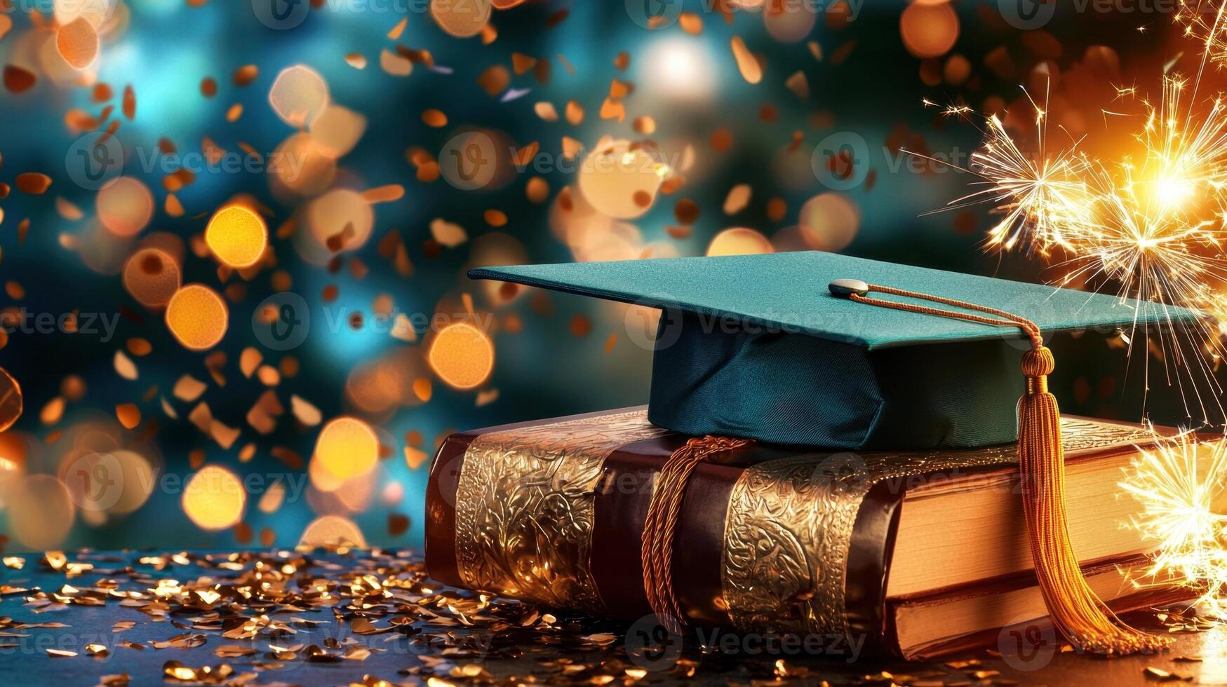 Academic achievement symbolized graduation cap resting on textbook, scattered autumn leaves signaling educational journey's end photo