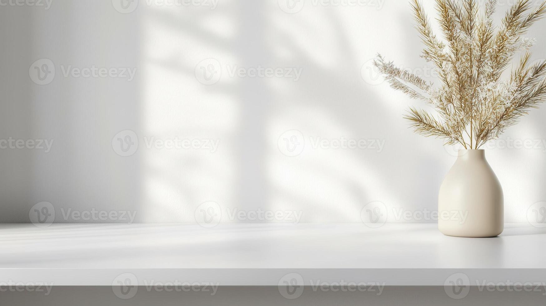 White flower bouquet casting soft shadows elegant white wall, illuminated by window light, on backdrop for minimalist design concepts photo