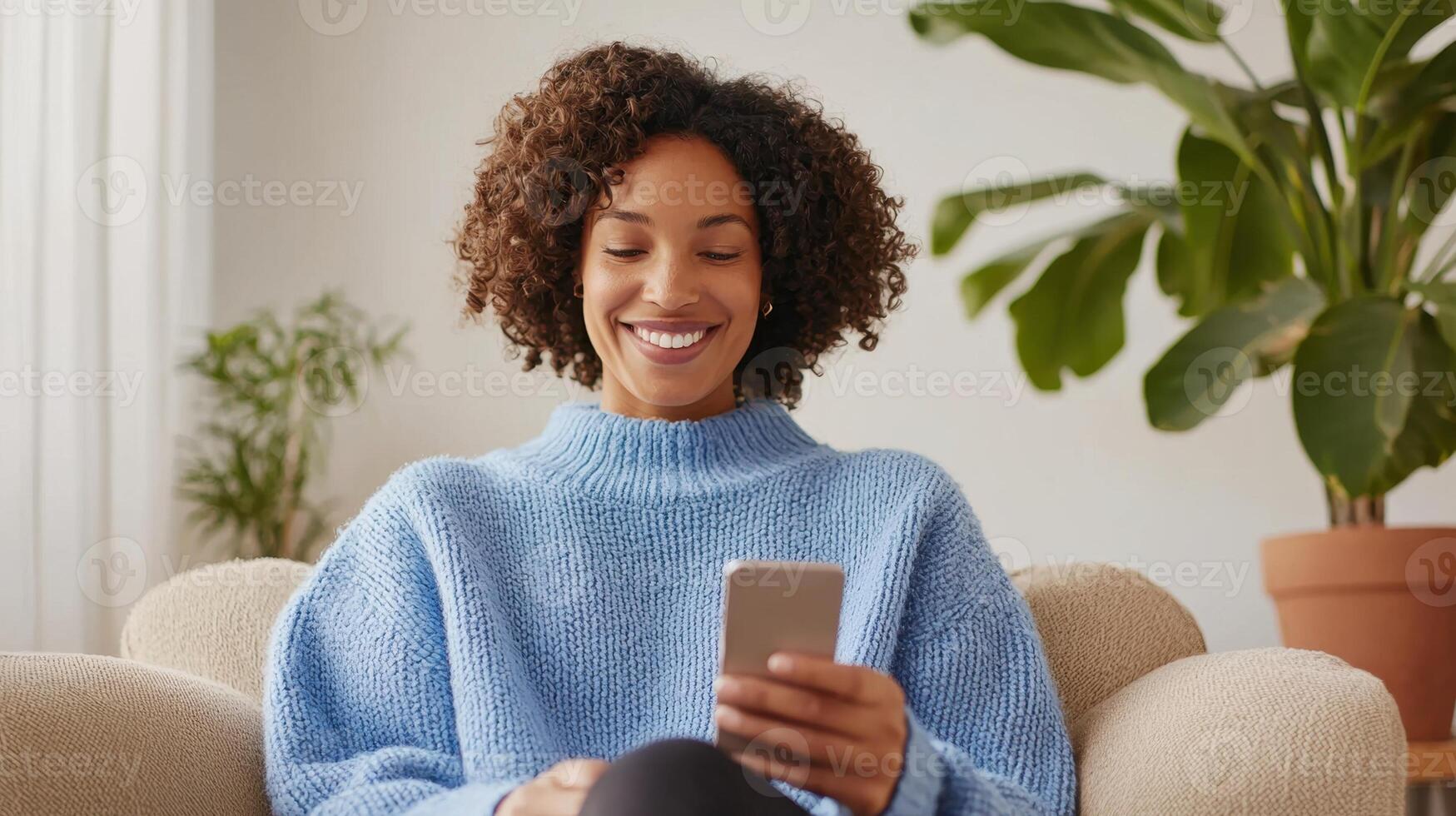 Cheerful woman with curly hair, wearing a blue sweater with jeans, smiling while engaging and her mobile smartphone on a cozy sofa in a stylish living room photo