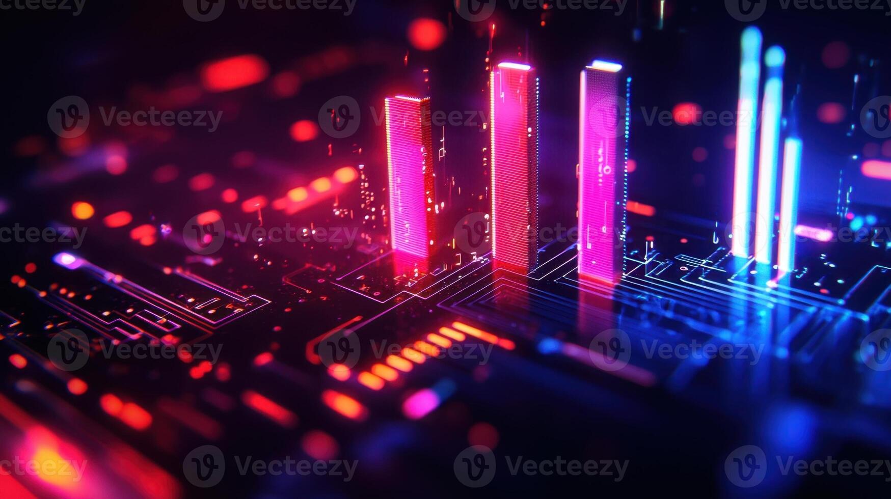 Complex wave, data streams are flowing and processing on board, creating a stunning visualization of technological advancement Digital sound, golden audio, equalizer, music, with copy space photo