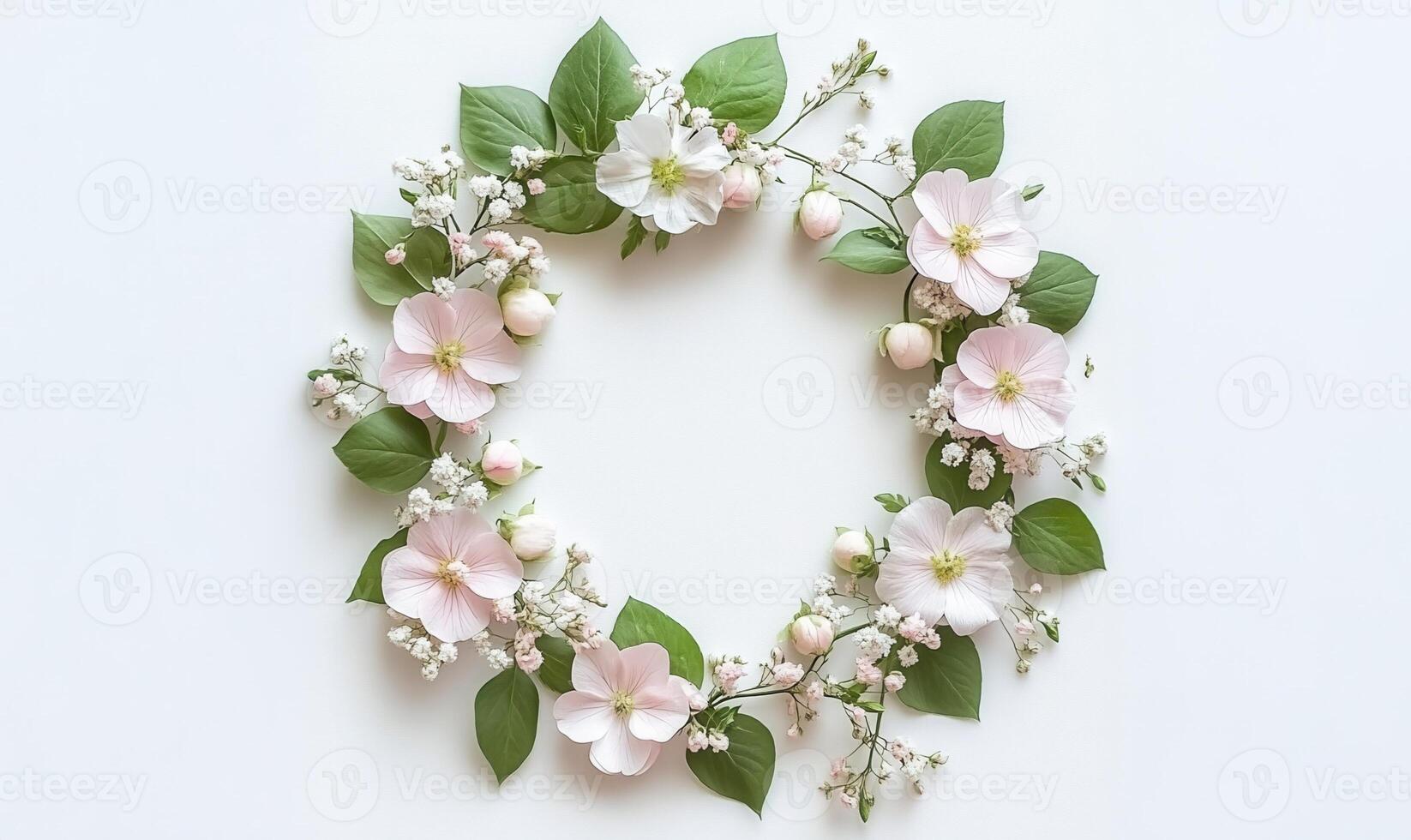 Delicate pink, white blossoms encircling verdant green against forming minimalist floral wreath background pristine leaves, photo