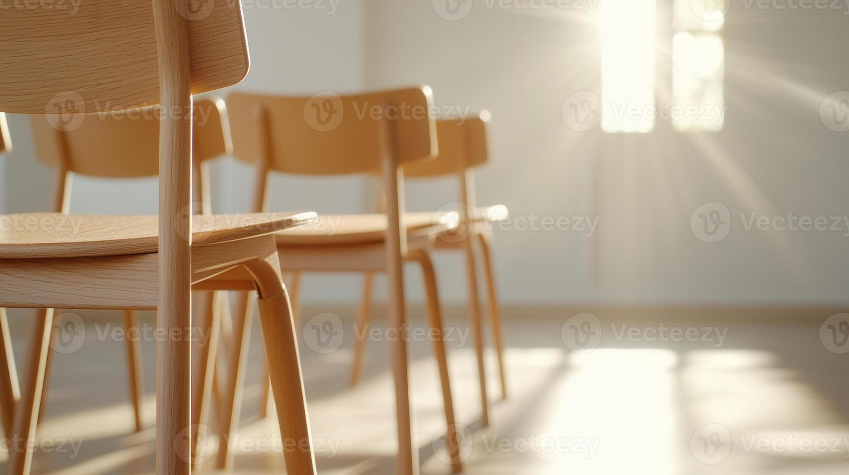 Sunlight is streaming into an empty classroom, illuminating peaceful of wooden chairs and creating a rows atmosphere photo
