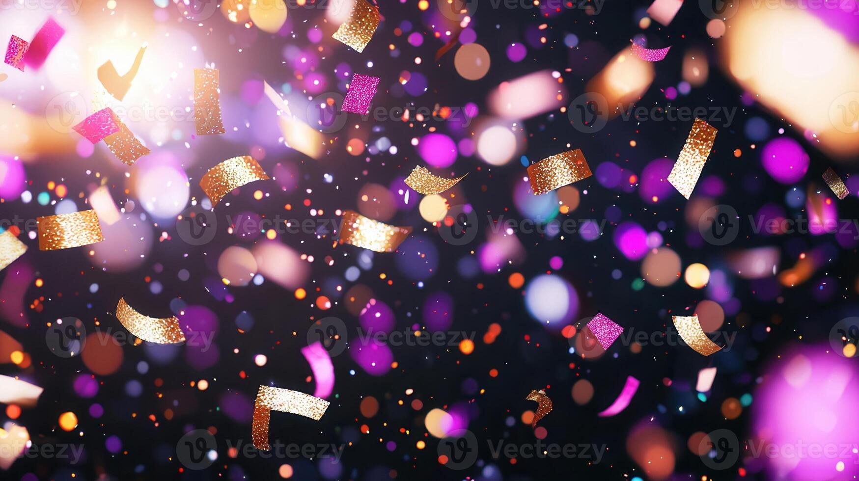 down, golden confetti raining Sparkling ribbons swirling against blurred festive backdrop, celebrating joyful moment photo