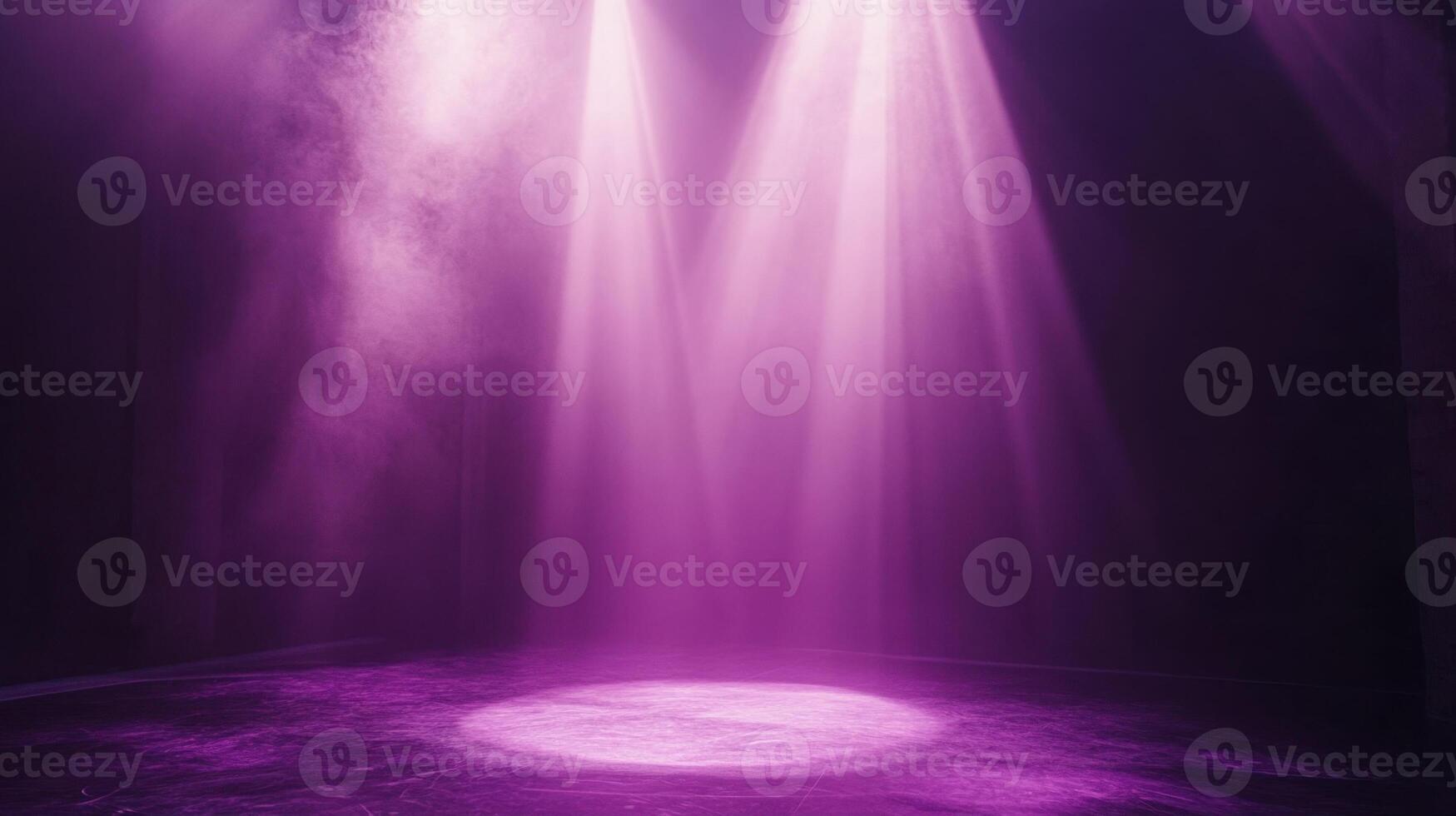 Two a spotlights illuminating hazy purple and mysterious empty stage, creating a dramatic atmosphere photo