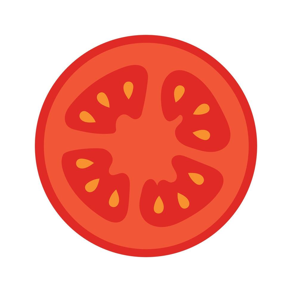 Tomato slice with seeds. Flat icon of juicy red vegetable, isolated on white background. vector