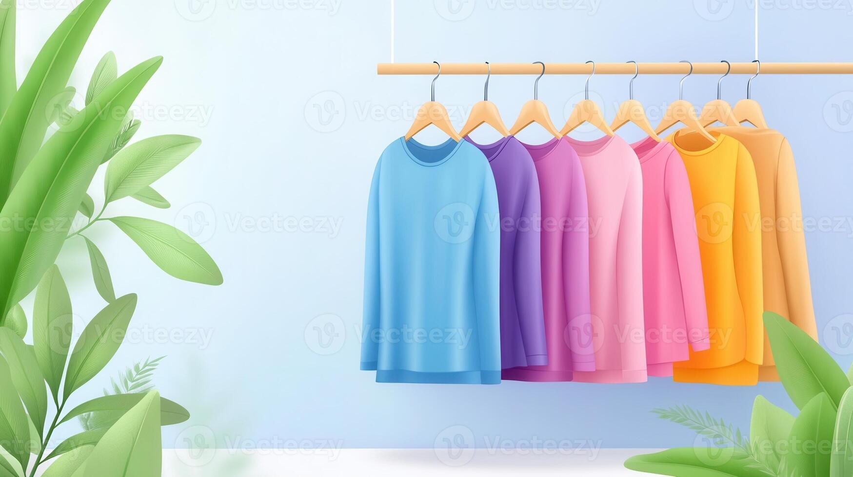 hanging Variety colorful sweaters of on wooden hangers near a tropical leaf on a turquoise background, representing fashion and style photo