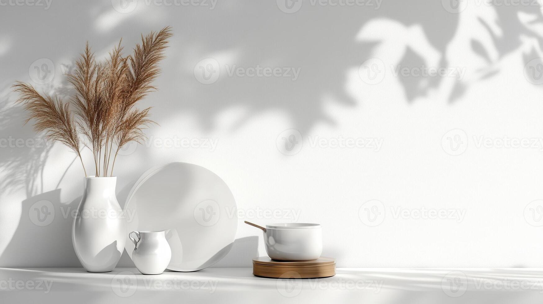 White kitchen cabinet displaying stacked bowls, decorative vase with magnolia blooms, amber elements bathed in soft natural lighting photo