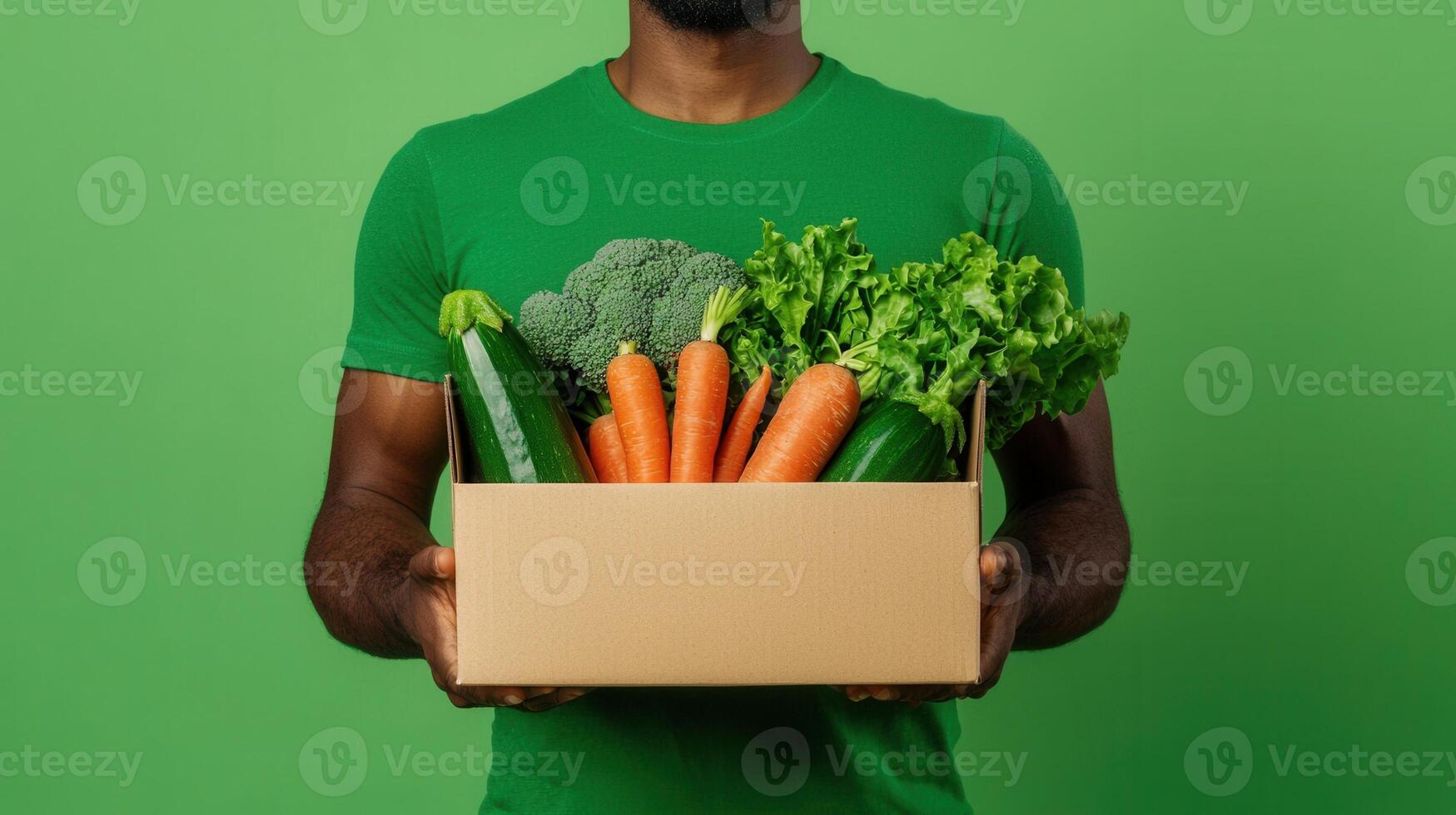 Delivery person cardboard box with fresh organic produce for home delivery photo