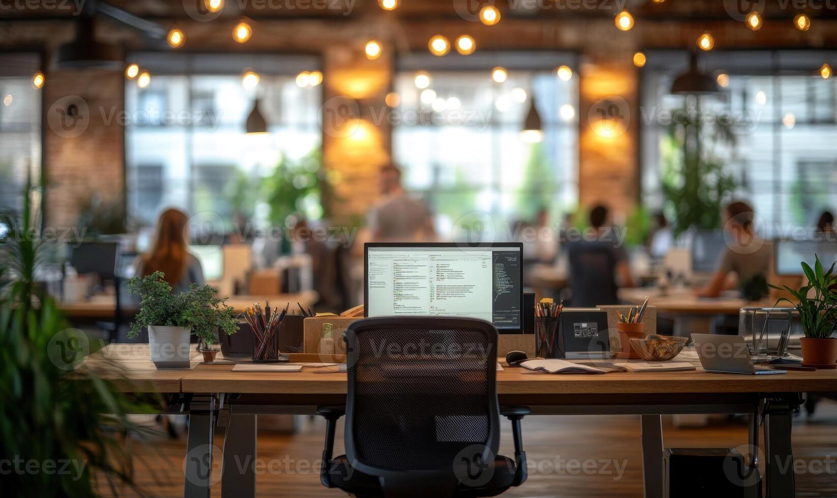 Minimalist office featuring coding screen, blurred programmers collaborating in contemporary open plan workspace environment photo