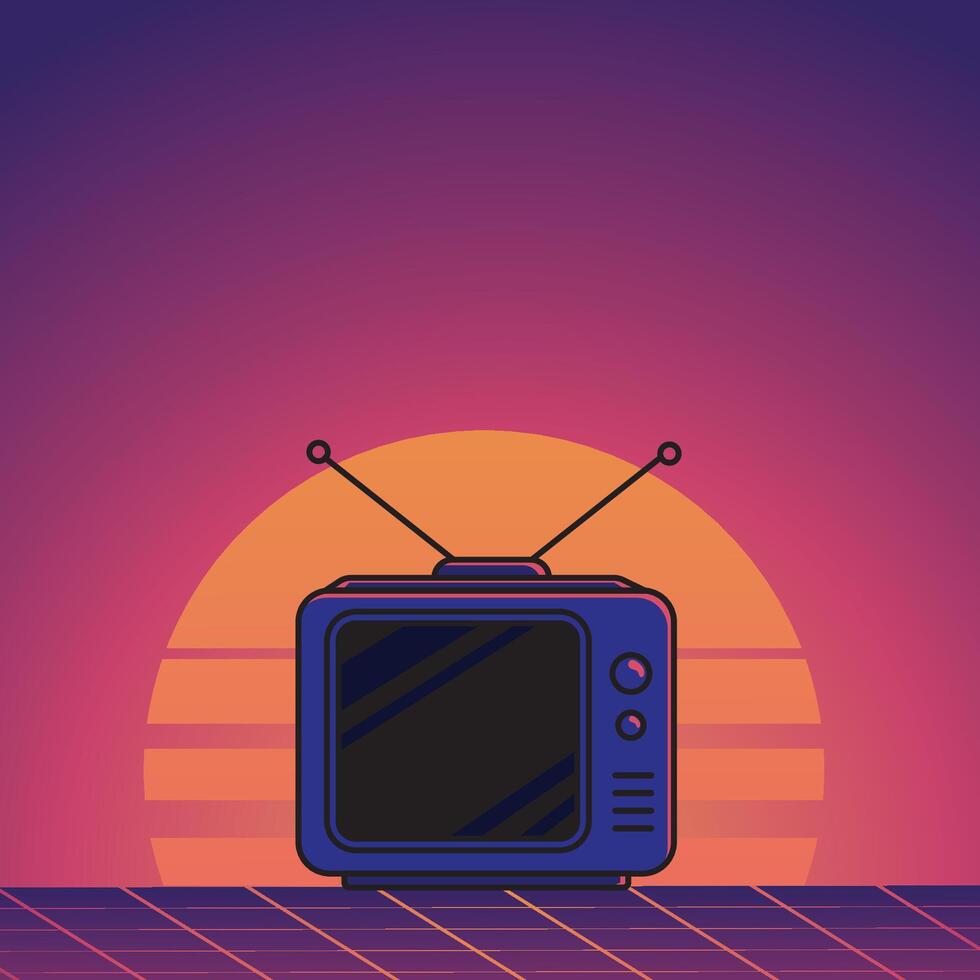 Retro TV Illustration with Sunset Background in Minimalist Vintage Style vector