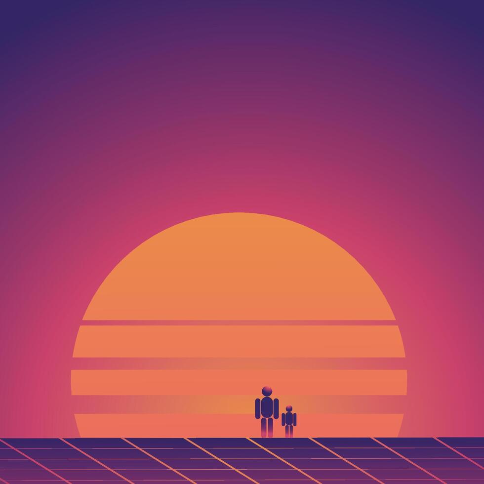 Minimalist Family Sunset Walk Illustration with Retro Gradient Background vector