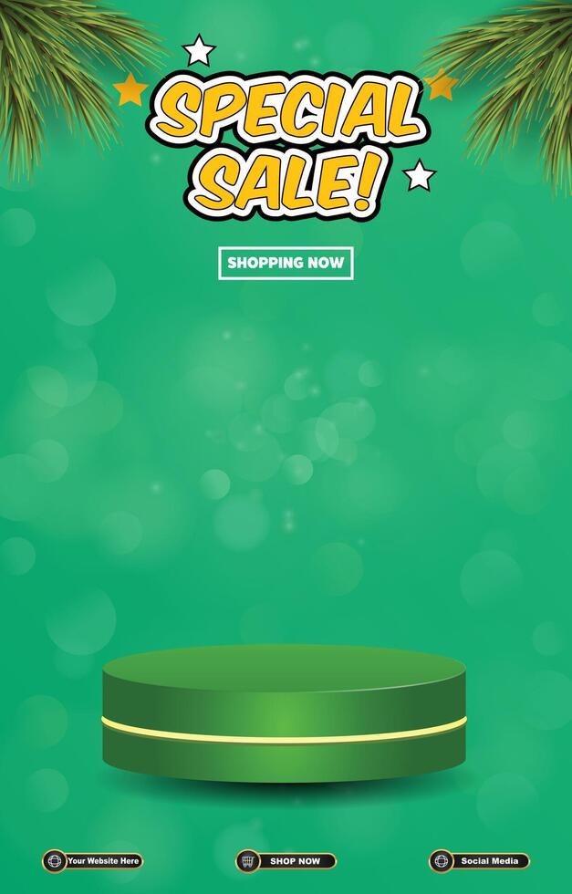 special discount sale banner with 3d podium with green abstract gradient background vector