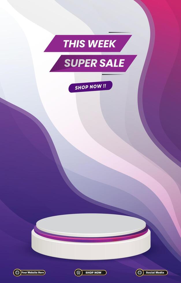 super sale discount portait template banner with blank space 3d podium for social media post product sale with purple background design vector