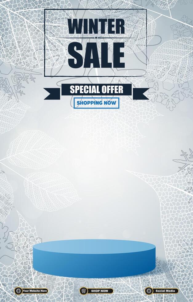winter discount portait template banner with blank space 3d podium for social media post product sale with abstract gradient blue background design vector