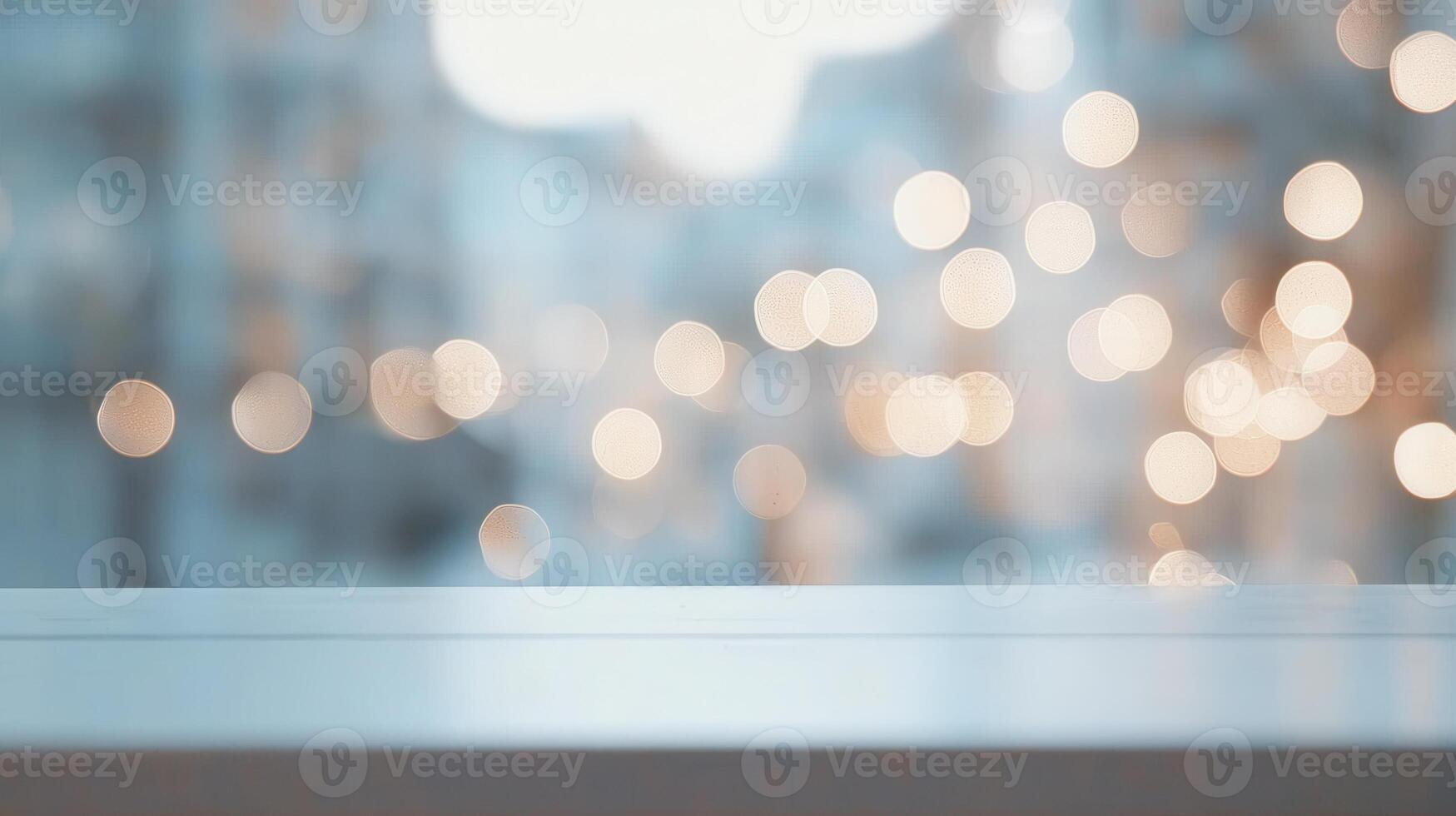 Empty white wooden table with blurred winter at background ideal sunset, forest for product placement photo