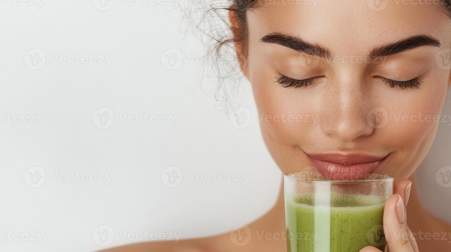 Happy young woman with drinking teeth smiling and green fresh perfect juice for breakfast photo