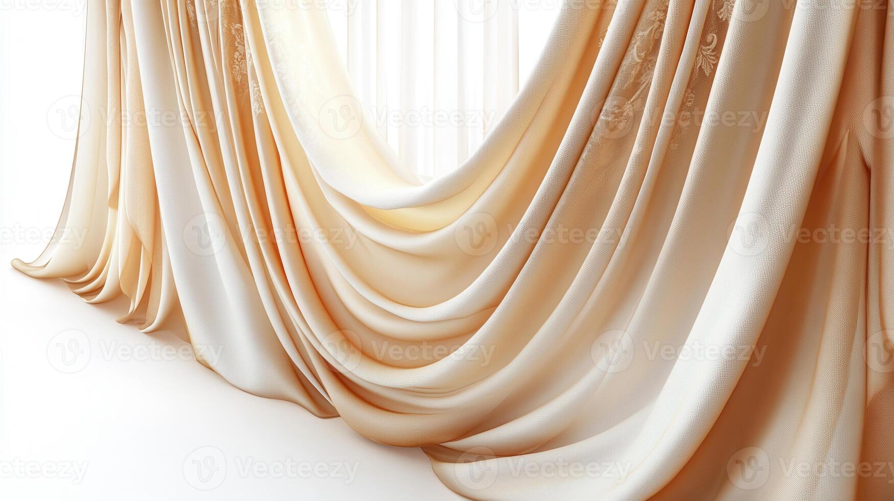 Sunlight filters through elegant, flowing white curtains background, serene a creating minimalist atmosphere and photo
