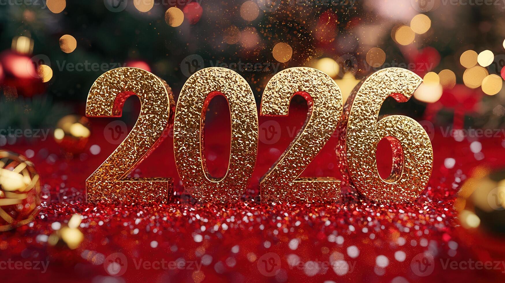Golden 2026 standing on red glitter with christmas tree lights and ornaments bokeh in background, new year's eve photo