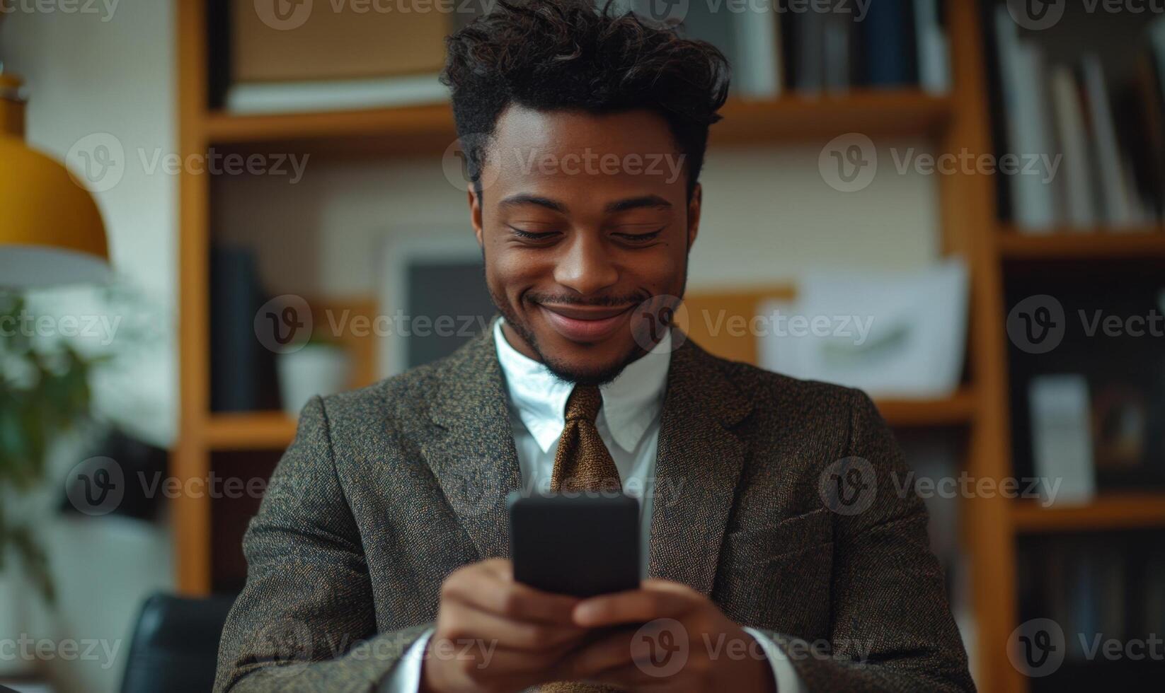 Happy mature manager businessman reading working news on mobile phone and smiling while good in modern office photo