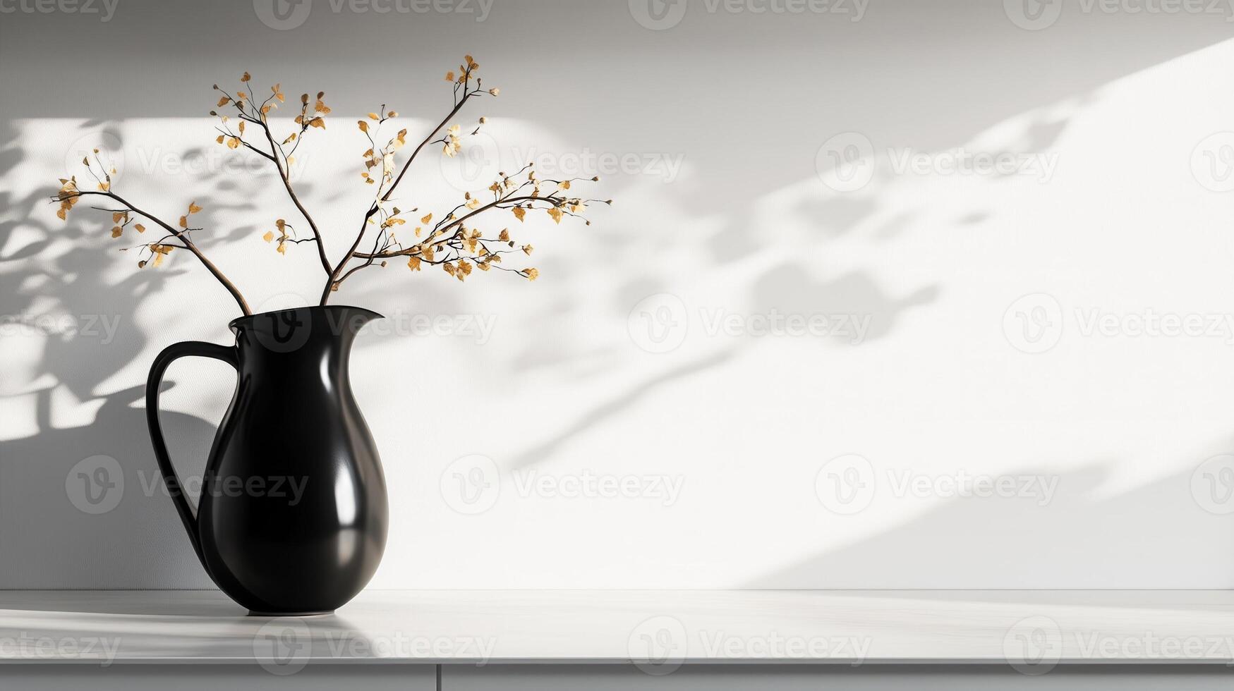 White decorative cabinet displaying stacked bowls, amber vase with magnolia blooms, kitchen elements bathed in soft natural lighting photo