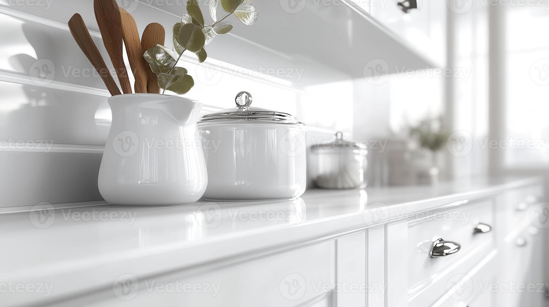 White kitchen cabinet displaying stacked bowls, amber vase with magnolia blooms, decorative elements bathed natural in soft lighting photo